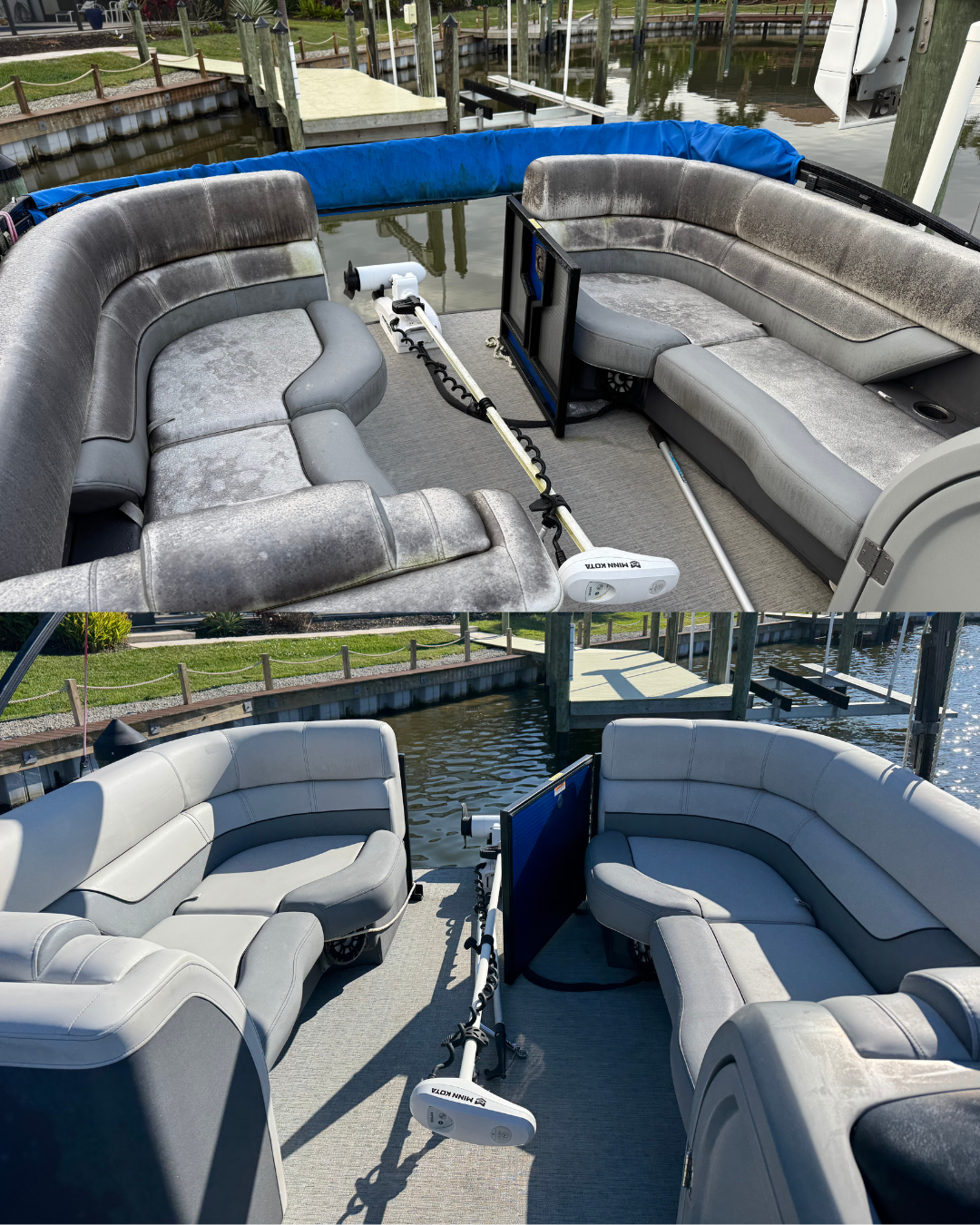 Before and after boat interior detailing and seat cleaning in Bradenton, FL by Octoshine Marine Detailing