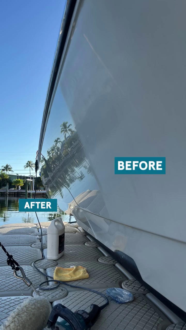 Before boat hull cleaning and oxidation removal in Sarasota & Manatee County, FL by Octoshine Marine Detailing